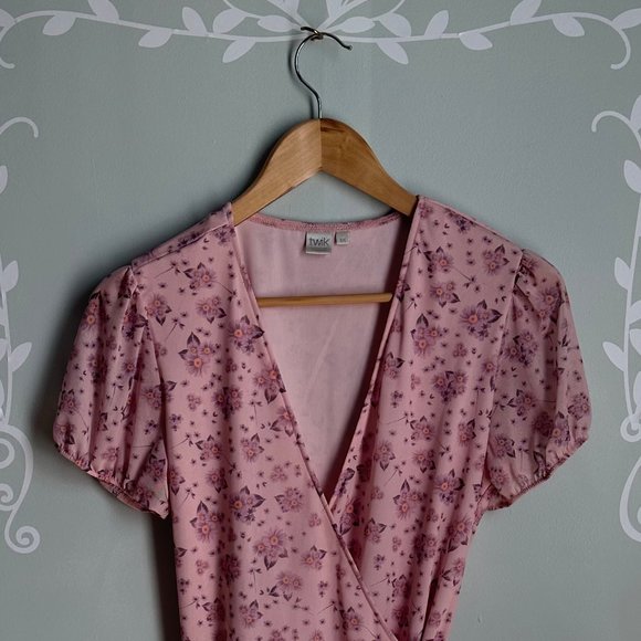 Simons Pink Floral Mesh Wrap Dress L - Picture 2 of 8